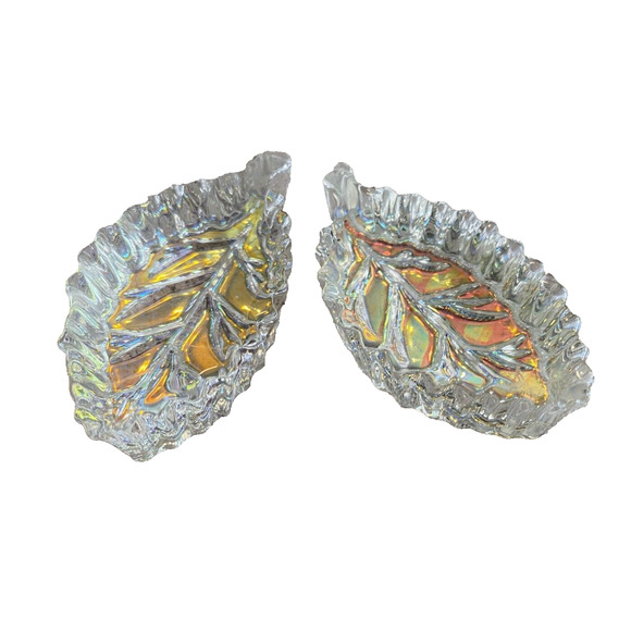 Vtg Iridescent Paper Weights Set Of 2 Art Glass Gold Bottom Leaf 3" Paperweights - Picture 5 of 10